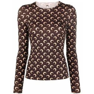 Brown and gold moon print long sleeve top with round neckline and slim fit